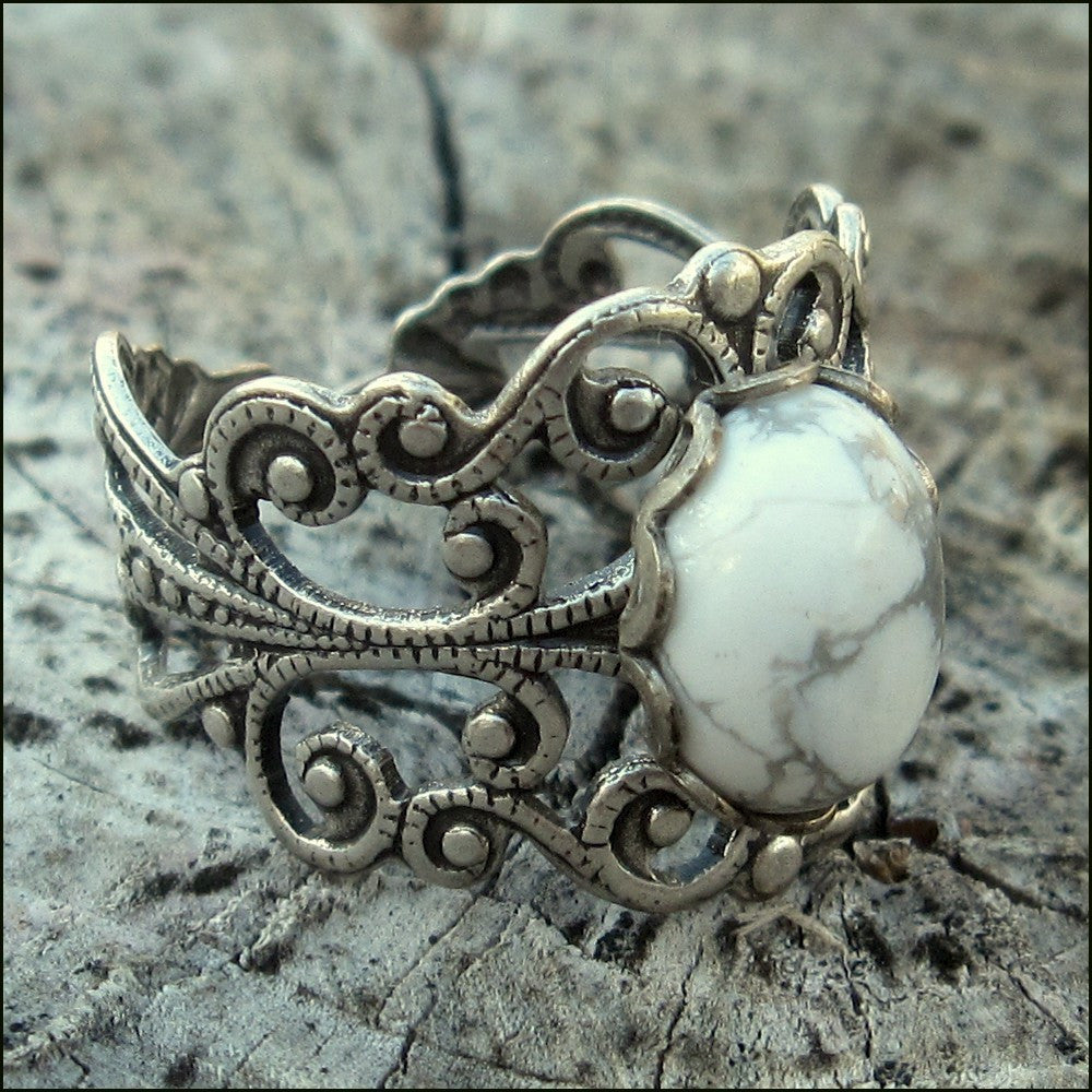 antiqued silver modern vintage inspired adjustable filigree ring with a white marble howlite semi-precious mineral oval stone in the victorian gothic aesthetic
