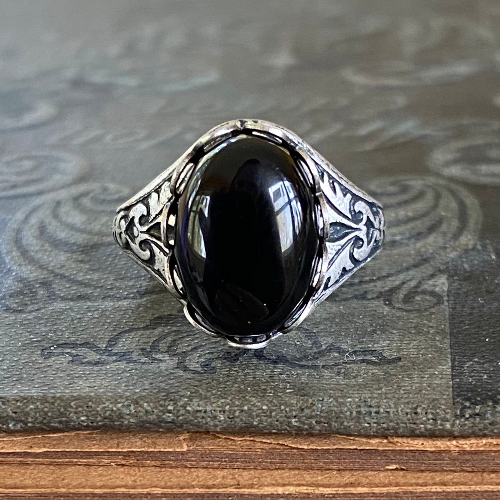 antiqued silver adjustable black onyx vintage style ring