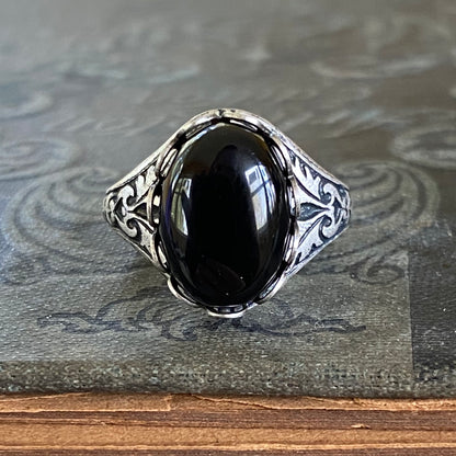 antiqued silver adjustable black onyx vintage style ring in garconne style