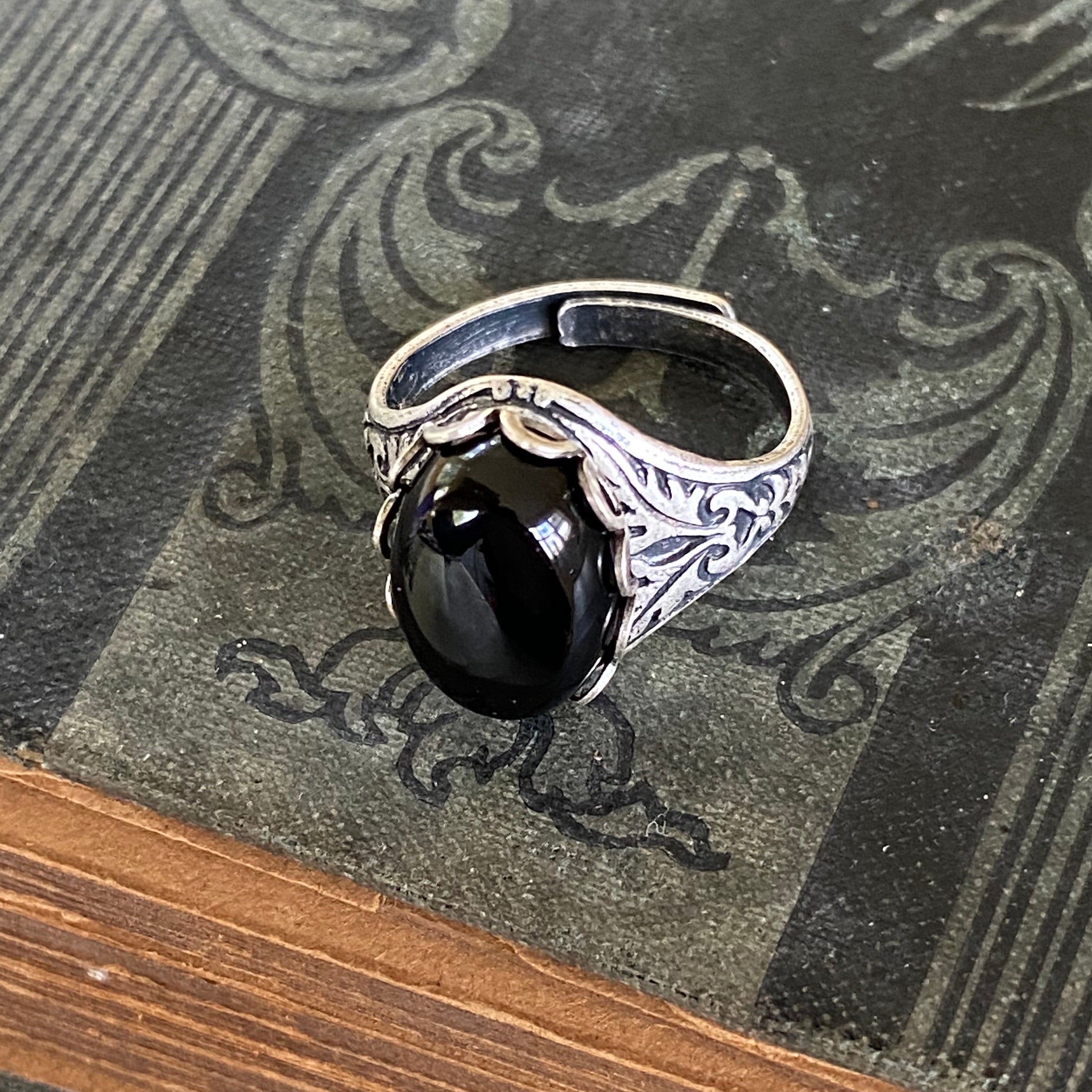 antiqued silver adjustable black onyx vintage style ring