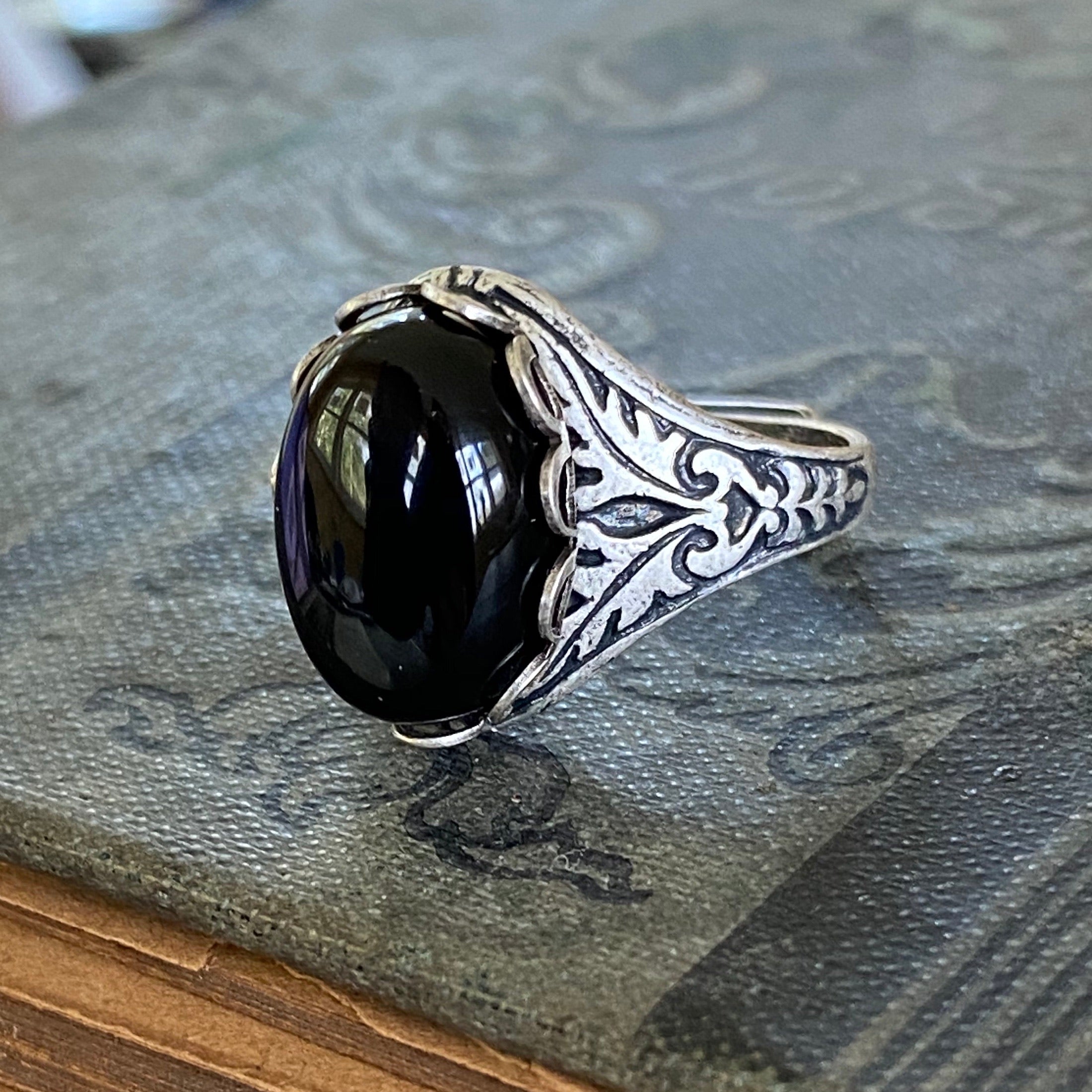 antiqued silver adjustable black onyx vintage style ring