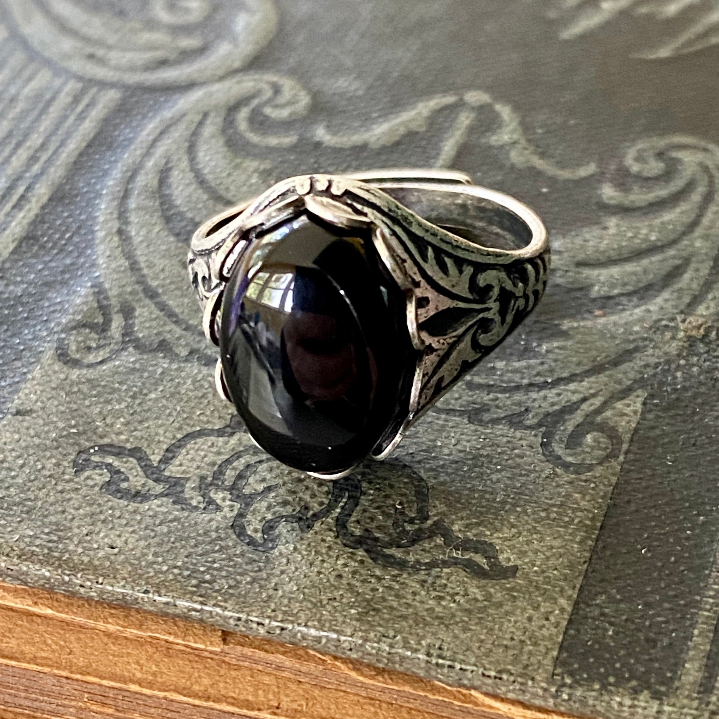 antiqued silver adjustable black onyx vintage style ring