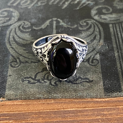 antiqued silver adjustable black onyx vintage style ring