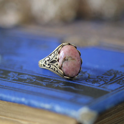 antiqued brass danish pastel style adjustable oak leaf ring with oval soft pink rhodonite semi-precious stone mineral great gift for bridesmaids