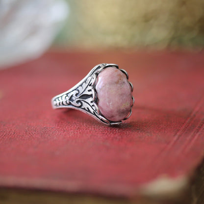 antiqued silver regency style adjustable oak leaf ring with oval soft pink rhodonite semi-precious stone mineral